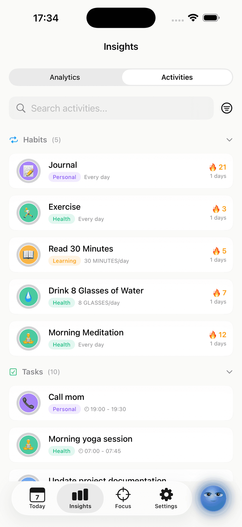 Habits list showing 8 tracked habits across categories