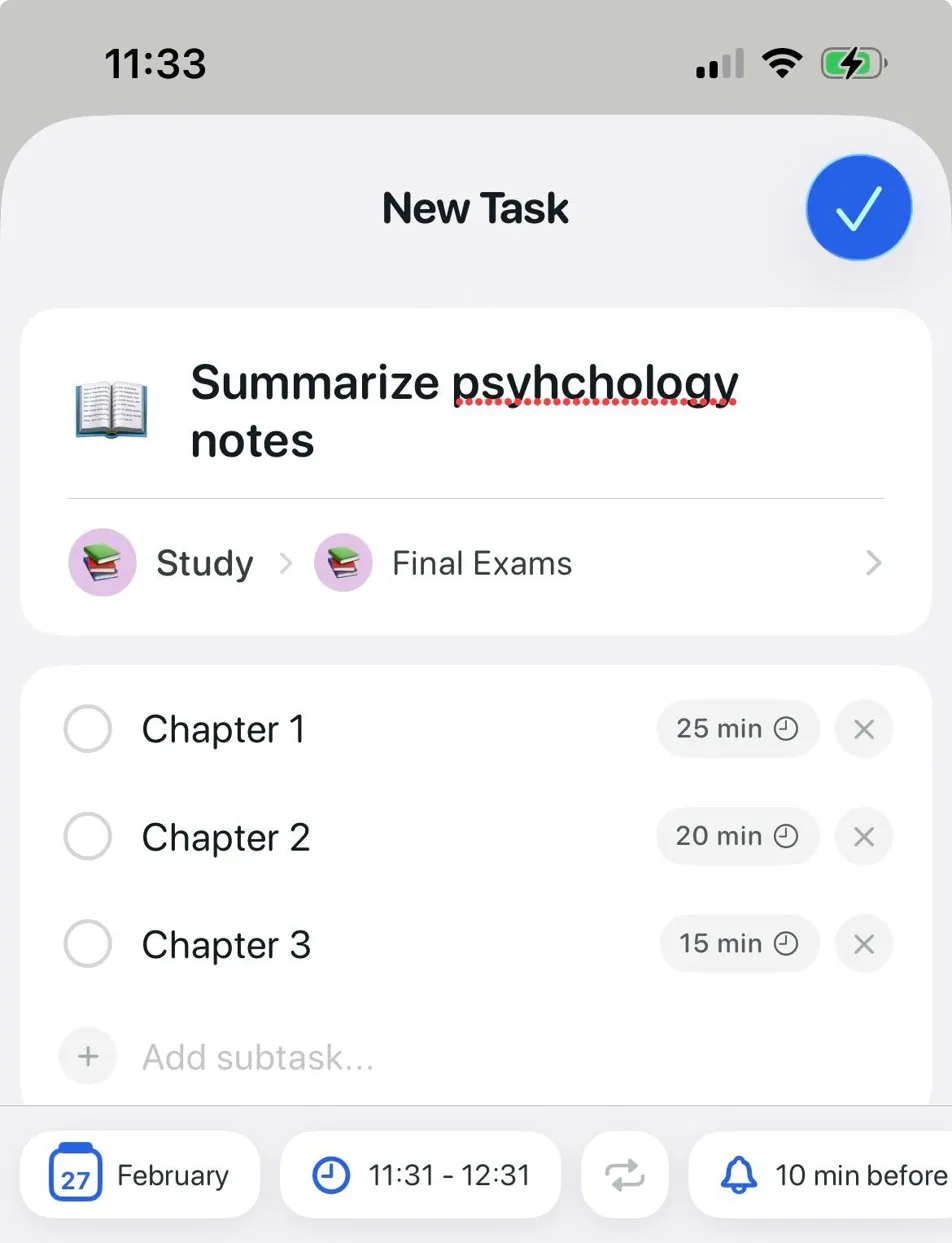 Task creation with subtasks, categories, and project assignment